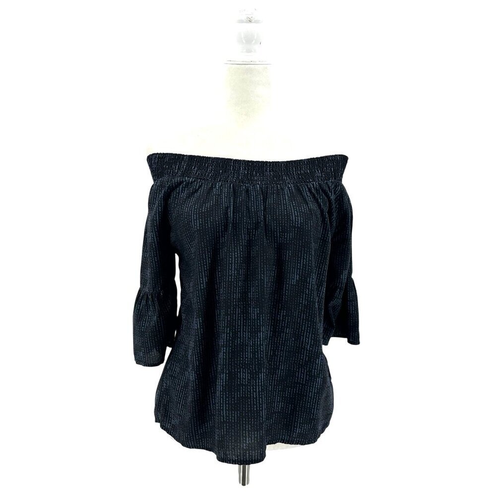 Prana Womens Small Top Chryssa Off The Shoulder Smock Blue Black Boho